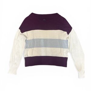Used Lucky Brand Burgundy, White & Light Gray Striped Crewneck Sweater